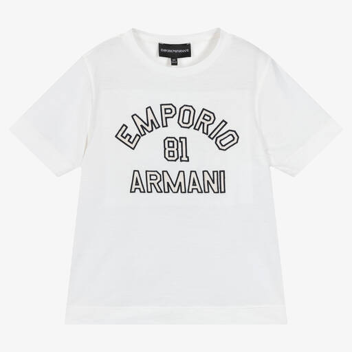 Emporio Armani-تيشيرت ليوسيل وقطن جيرسي لون أبيض للأولاد | Childrensalon Outlet