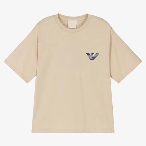 Emporio Armani-Girls Beige Cotton Logo T-Shirt | Childrensalon Outlet