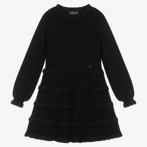 Emporio Armani-Girls Black Knitted Frill Dress | Childrensalon Outlet