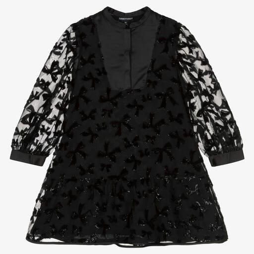 Emporio Armani-فستان بأكمام منفوشة أورغانزا وساتان لون أسود | Childrensalon Outlet