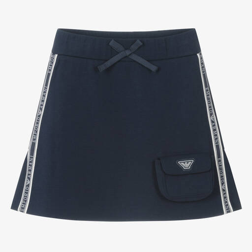 Emporio Armani-Синяя хлопковая юбка с логотипной лентой и карманом | Childrensalon Outlet