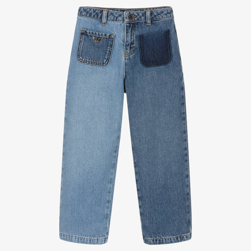 Emporio Armani-Girls Blue Patchwork Denim Jeans | Childrensalon Outlet