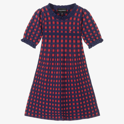 Emporio Armani-Girls Blue & Red Check Knitted Dress | Childrensalon Outlet
