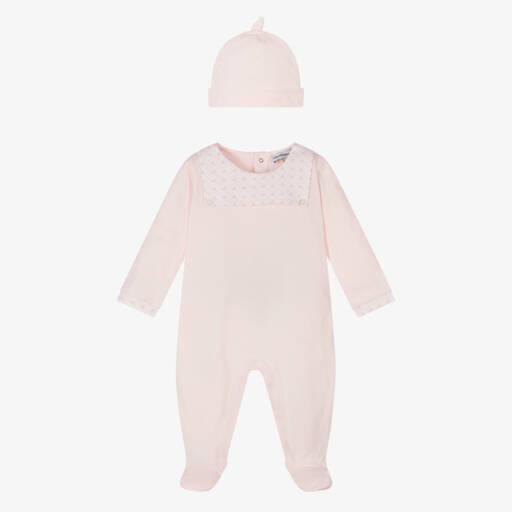 Emporio Armani-طقم أفرول بيبي غرو وقبعة قطن لون زهري للمولودات | Childrensalon Outlet