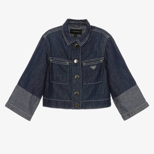 Emporio Armani-جاكيت قطن شامبري لون أزرق داكن للبنات | Childrensalon Outlet