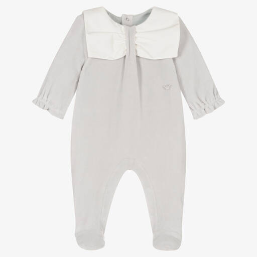 Emporio Armani-Girls Grey Velour Eagle Logo Babygrow | Childrensalon Outlet