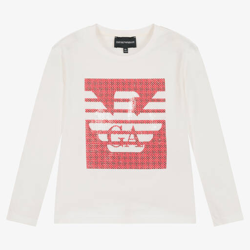 Emporio Armani-Girls Ivory Cotton Eagle Logo Top | Childrensalon Outlet
