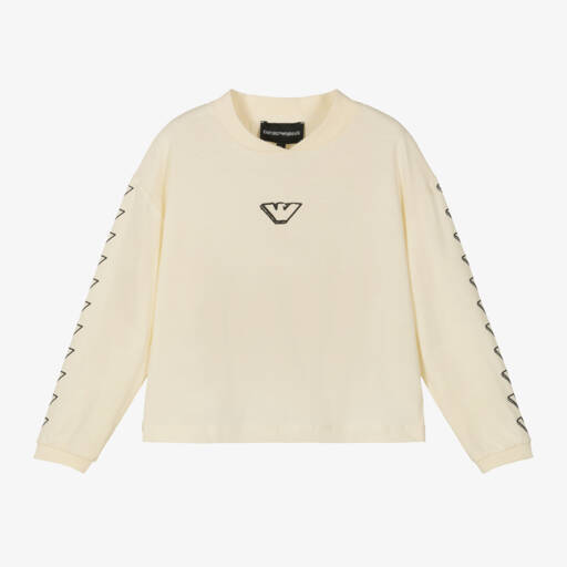Emporio Armani-توب بشعار النسر قطن جيرسي لون عاجي للبنات | Childrensalon Outlet