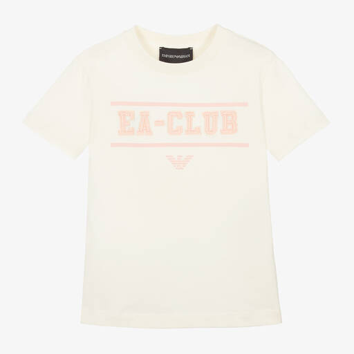 Emporio Armani-Girls Ivory Embroidered Cotton T-Shirt | Childrensalon Outlet