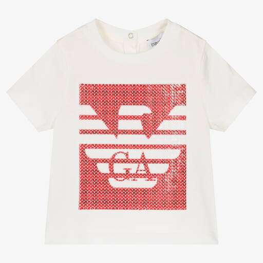 Emporio Armani-Girls Ivory Sequin Eagle Logo T-Shirt | Childrensalon Outlet