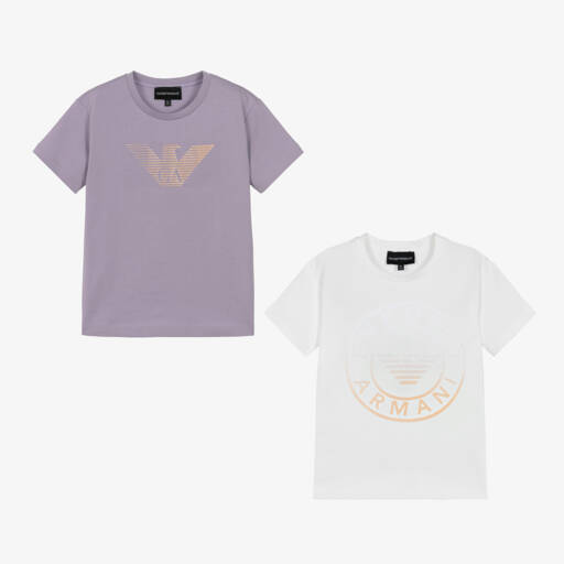 Emporio Armani-Girls Lilac & White Cotton Tees | Childrensalon Outlet