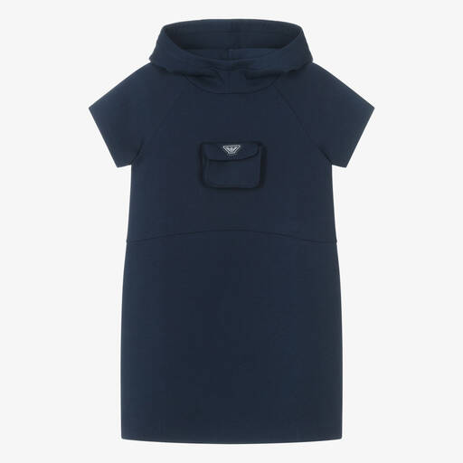 Emporio Armani-Синее хлопковое платье с капюшоном для девочек | Childrensalon Outlet