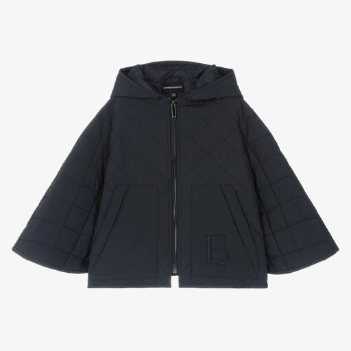 Emporio Armani-Girls Navy Blue Quilted Hooded Cape  | Childrensalon Outlet