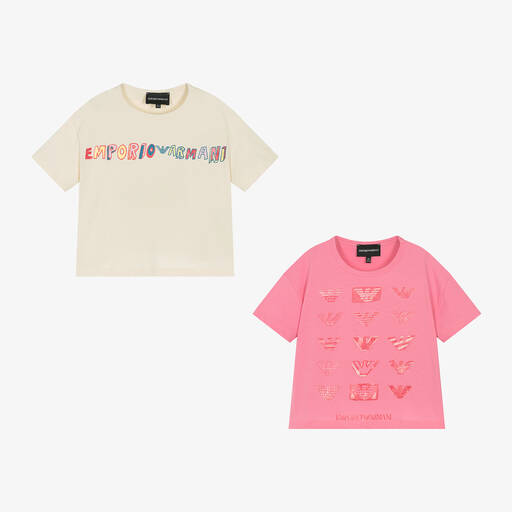 Emporio Armani-Girls Pink & Beige Cotton T-Shirts (2 Pack) | Childrensalon Outlet