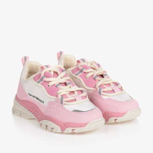 Emporio Armani-Girls Pink & Ivory Lace-Up Trainers | Childrensalon Outlet