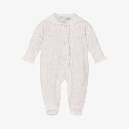 Emporio Armani-أفرول بيبي غرو قطن لون زهري وأبيض للمولودات | Childrensalon Outlet