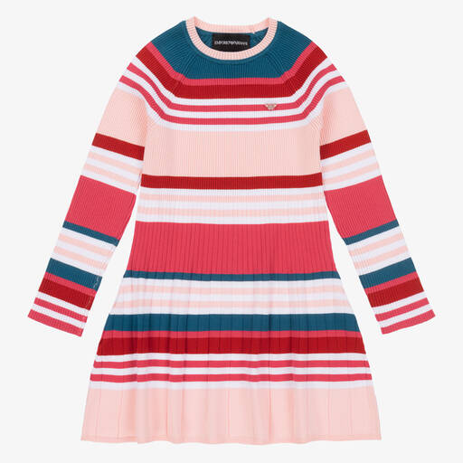 Emporio Armani- Girls Pink & Red Striped Knitted Dress | Childrensalon Outlet