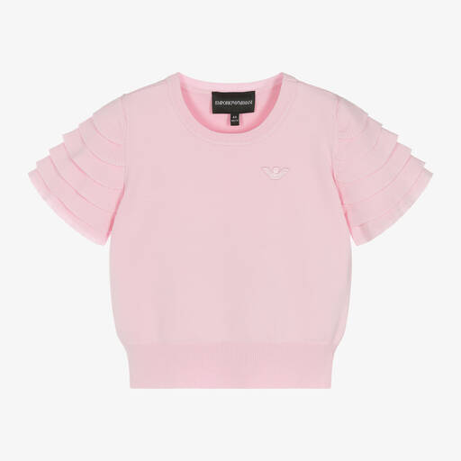 Emporio Armani-Girls Pink Ruffle Sleeve Knitted T-shirt | Childrensalon Outlet