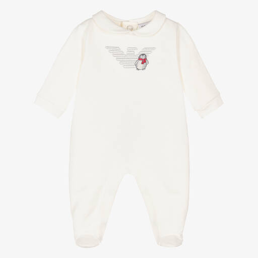 Emporio Armani-Ivory Cotton Penguin Embroidery Babygrow | Childrensalon Outlet