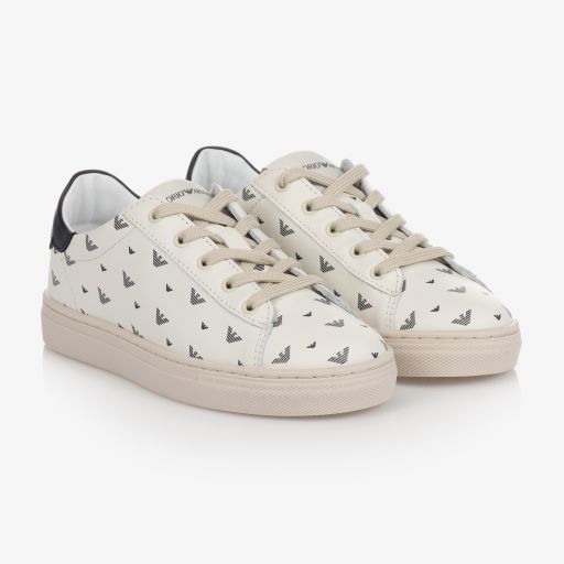 Emporio Armani-Ivory Leather Logo Trainers | Childrensalon Outlet