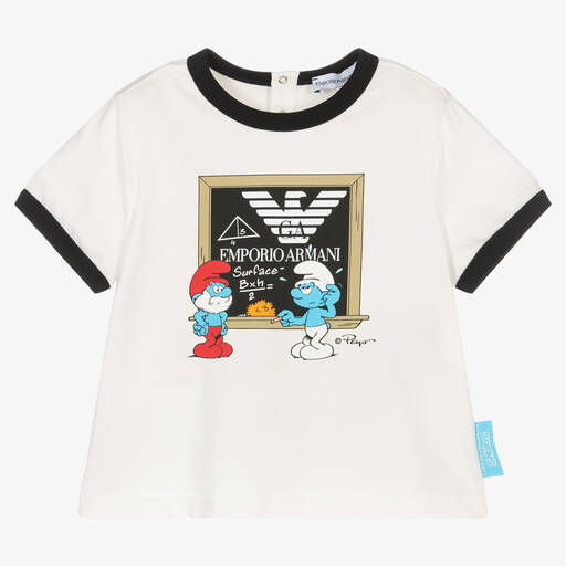 Emporio Armani-Кремовая футболка из органического хлопка со смурфиками | Childrensalon Outlet