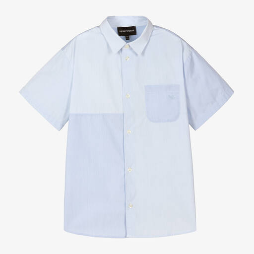 Emporio Armani-Teen Boys Blue Cotton Patchwork Shirt | Childrensalon Outlet