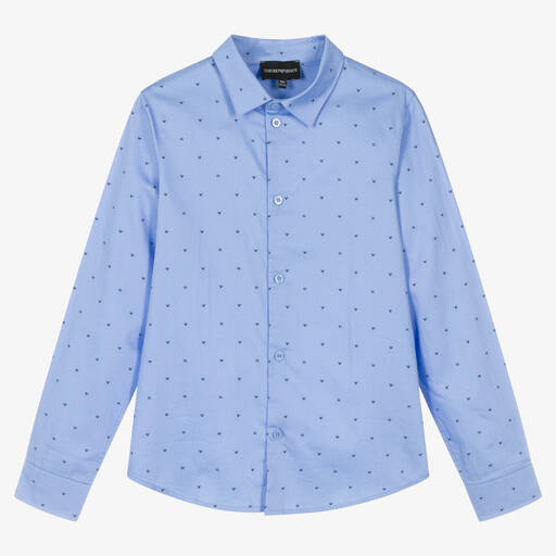 Emporio Armani-قميص تينز ولادي قطن بوبلين لون أزرق | Childrensalon Outlet