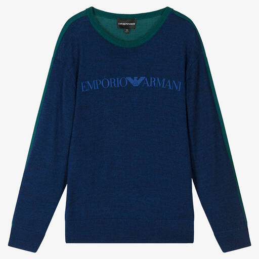 Emporio Armani-بلوفر مزيج صوف محبوك لون أزرق وأخضر للمراهقين | Childrensalon Outlet