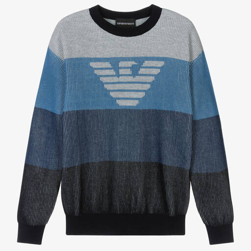 Emporio Armani-Pull bleu et gris rayé en coton ado | Childrensalon Outlet