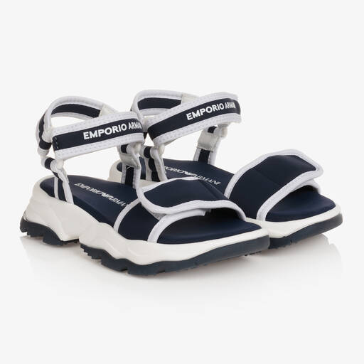 Emporio Armani-Teen Boys Blue Logo Velcro Sandals | Childrensalon Outlet