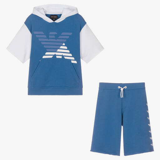 Emporio Armani-Teen Boys Blue & White Logo Shorts Set | Childrensalon Outlet
