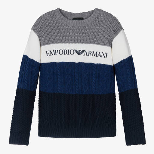 Emporio Armani-بلوفر مزيج صوف محبوك لون أزرق ورمادي للمراهقين | Childrensalon Outlet