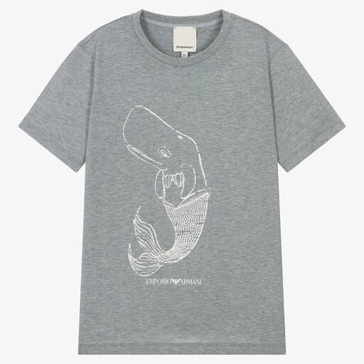 Emporio Armani-Teen Boys Grey Cotton Whale T-Shirt | Childrensalon Outlet
