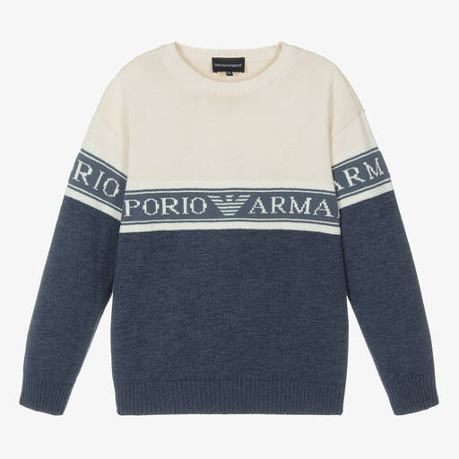 Emporio Armani-Teen Boys Ivory & Blue Cotton Knit Jumper | Childrensalon Outlet