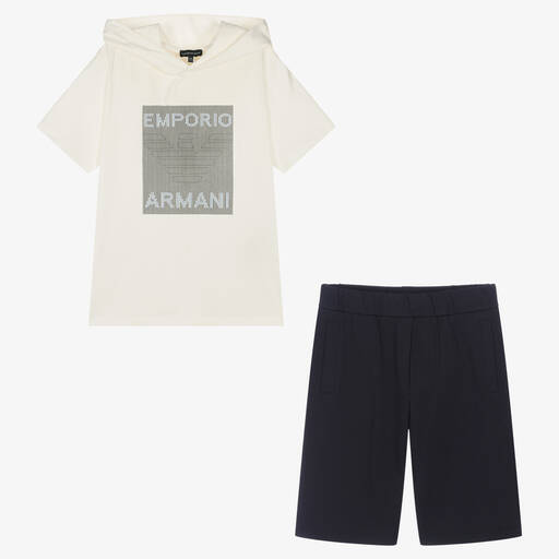 Emporio Armani-Teen Boys Ivory & Blue Logo Shorts Set | Childrensalon Outlet
