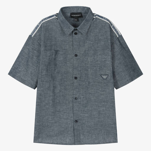 Emporio Armani-قميص قطن وكتان لون كحلي تينز ولادي | Childrensalon Outlet