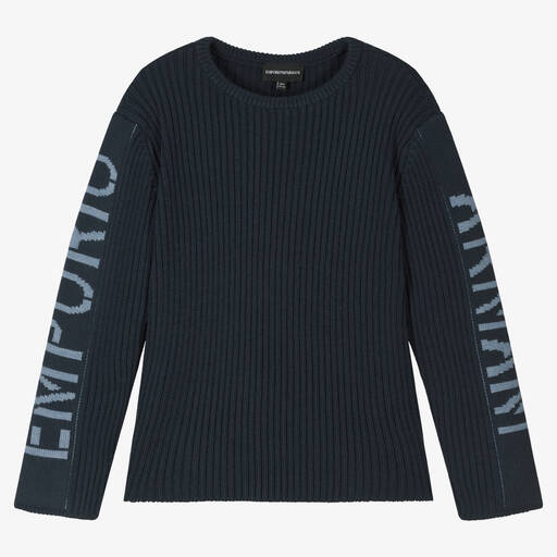 Emporio Armani-Pull bleu marine en laine ado | Childrensalon Outlet