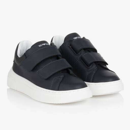 Emporio Armani-Teen Boys Navy Blue Leather Velcro Trainers | Childrensalon Outlet