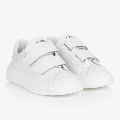 Emporio Armani-Teen Boys White Leather Velcro Trainers | Childrensalon Outlet