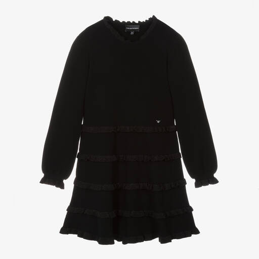 Emporio Armani-فستان مزيج فيسكوز محبوك مزين بكشكش لون أسود | Childrensalon Outlet