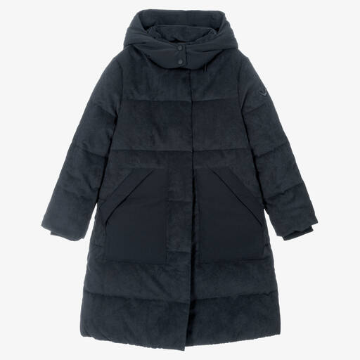 Emporio Armani-Teen Girls Blue Corduroy Puffer Coat | Childrensalon Outlet