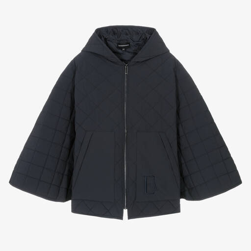 Emporio Armani-Teen Girls Blue Quilted Hooded Cape  | Childrensalon Outlet