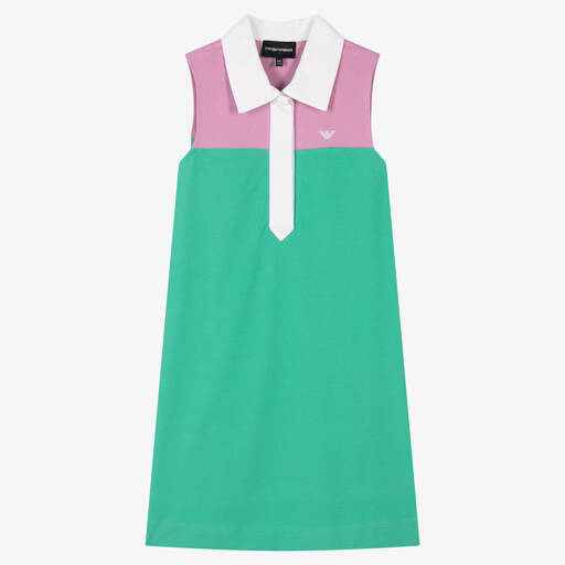 Emporio Armani-فستان تينز بناتي قطن بيكيه لون أخضر وزهري | Childrensalon Outlet