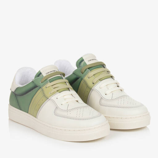 Emporio Armani-Teen Ivory & Green Lace-Up Trainers | Childrensalon Outlet