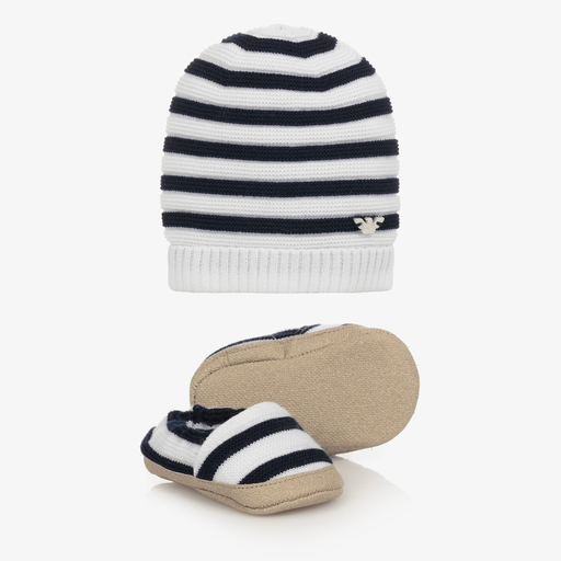 Emporio Armani-Mütze Babyschuhe & Set in Weiß und Blau | Childrensalon Outlet