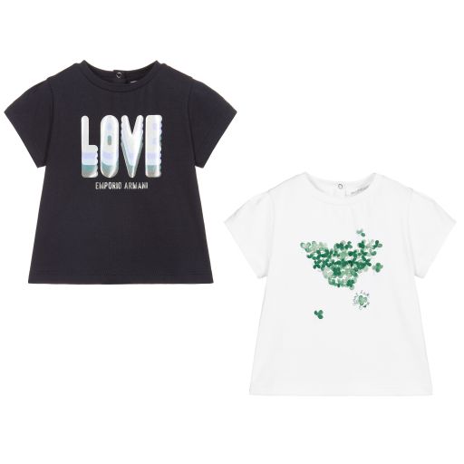 Emporio Armani-تيشيرت أطفال بناتي قطن جيرسي لون ابيض و كحلي (عدد 2) | Childrensalon Outlet
