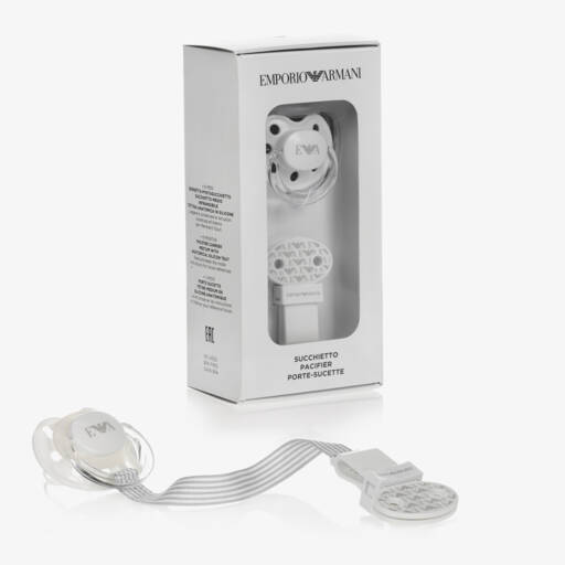 Emporio Armani-White Dummy & Clip Set | Childrensalon Outlet
