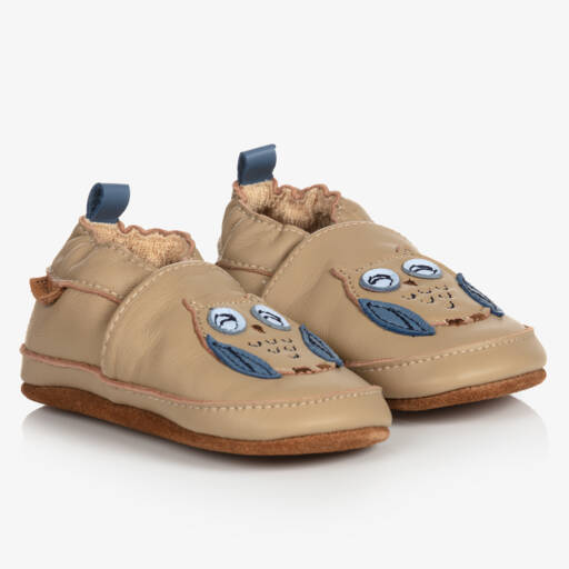 EN FANT-Beige Leather Owl Slippers | Childrensalon Outlet