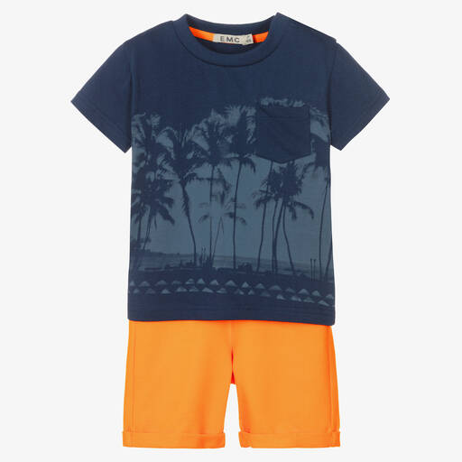 Everything Must Change-Boys Blue & Orange Palm Tree Shorts Set | Childrensalon Outlet