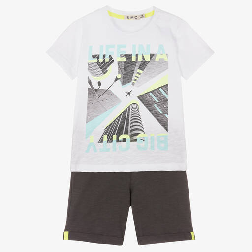 Everything Must Change-Boys White & Grey Cotton Shorts Set | Childrensalon Outlet